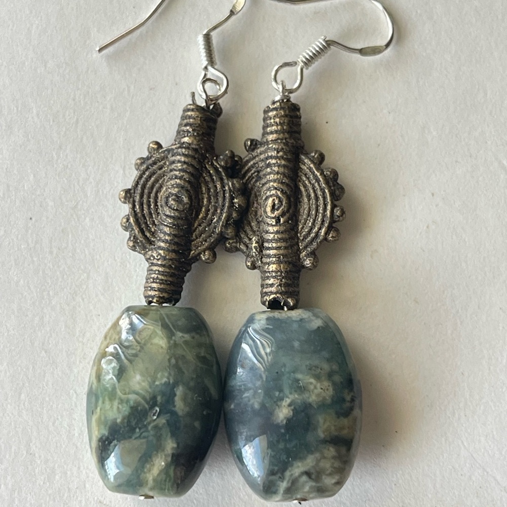 Organic Silver and Green Earrings with Natural Stone Patterns